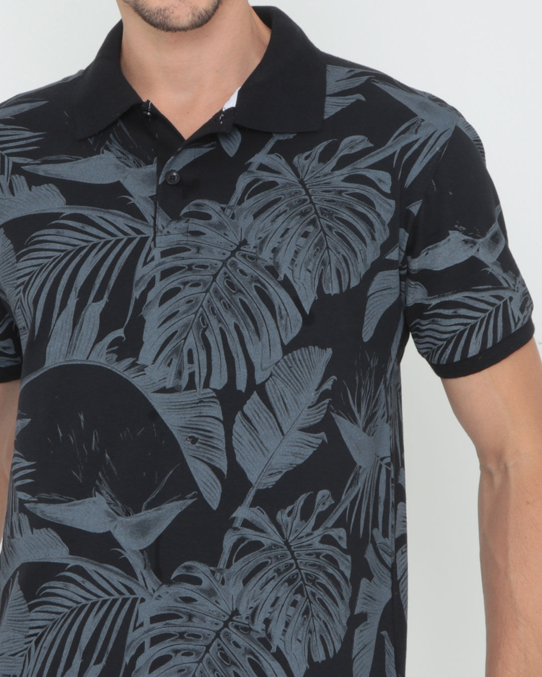 Polo-Masculina-Floral-Preta