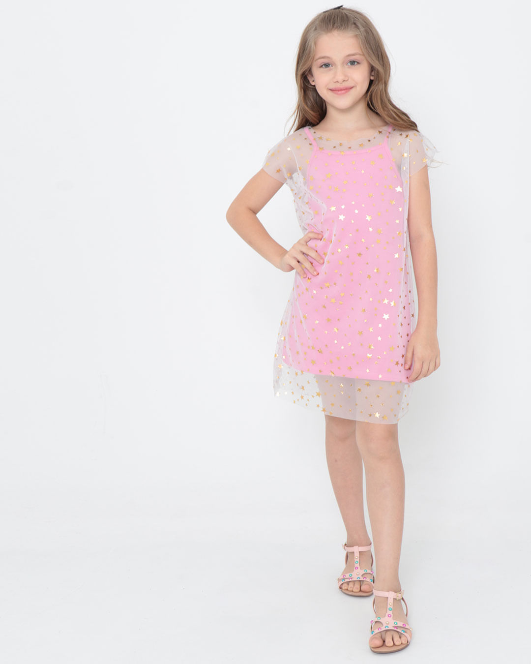 Vestido-Infantil-Tule-Estrelas-Rosa