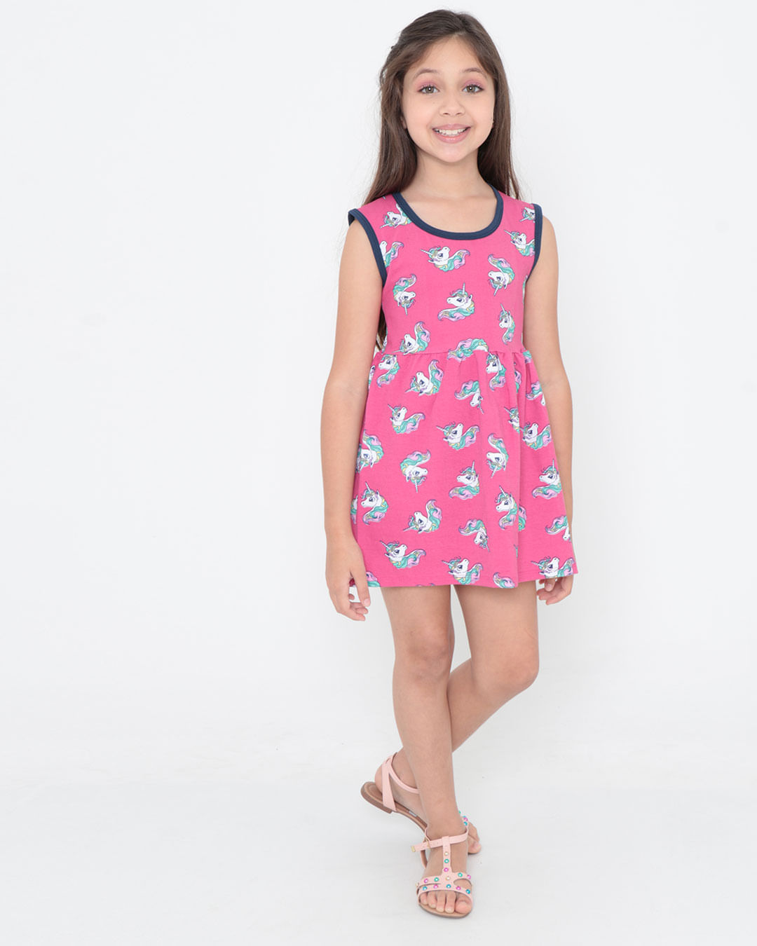 Vestido-Infantil-Evase-Unicornios-Rosa-Pink