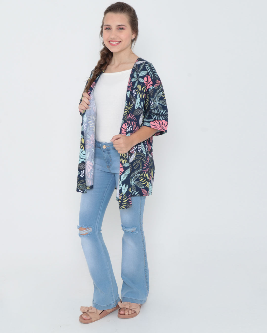 Kimono-Juvenil-Floral-Azul-Marinho