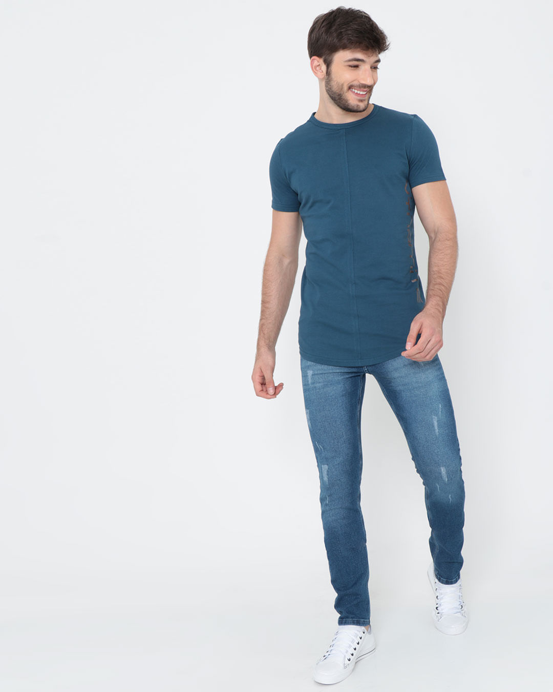 Camiseta-Estampada-Longline-Azul-Escuro