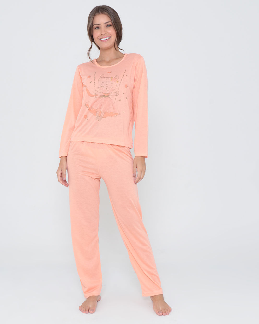 Pijama-Longo-Liso-Com-Silk7002---Laranja-Claro