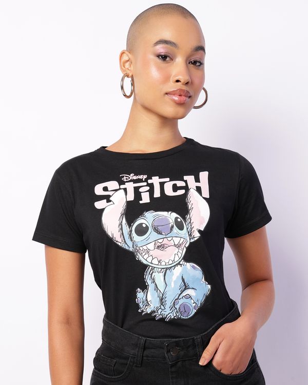 Camiseta Feminina Disney Stitch Manga Curta Preta GG