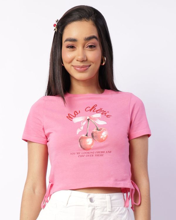 Blusa Feminina Cropped Manga Curta Amarração Lateral Rosa P