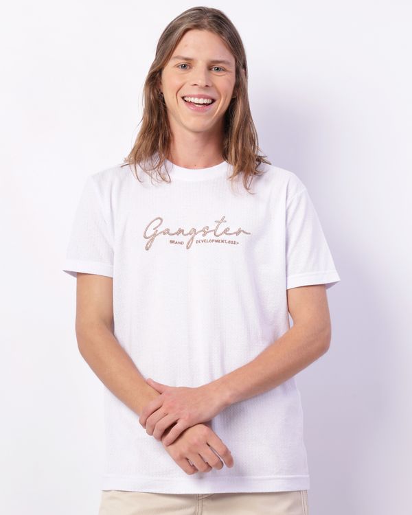 Camiseta Masculina Gangster Manga Curta Texturizada Bordada Branca GG