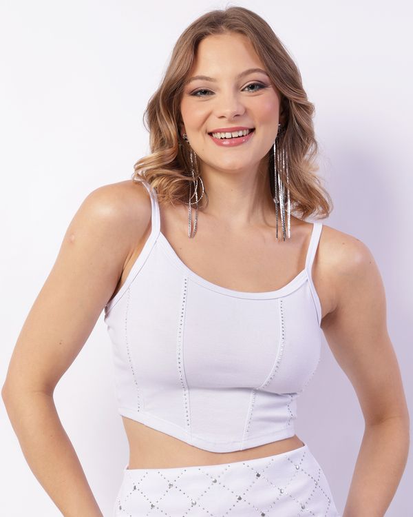 Regata Feminina Cropped Com Strass Branca M