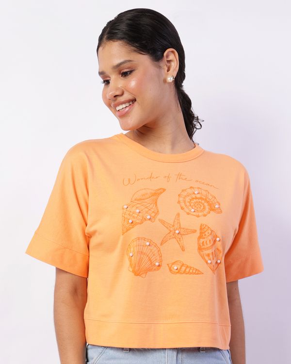 Camiseta Feminina Cropped Aplicação Frontal Laranja P