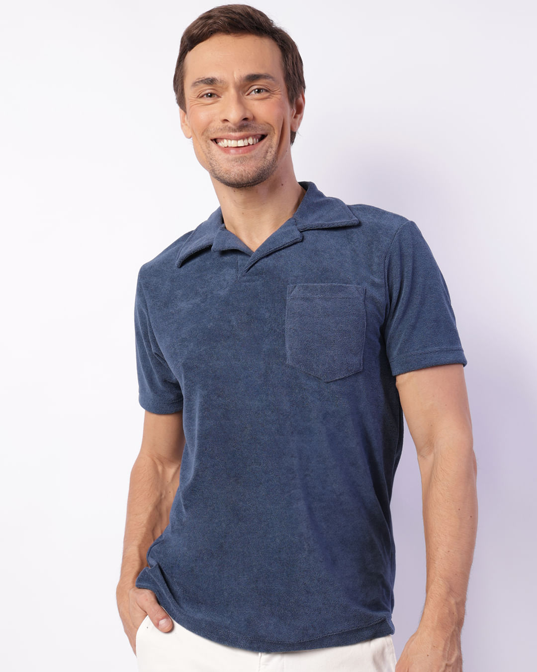 Camisa Polo Masculina Manga Curta Atoalhada Bolso Azul