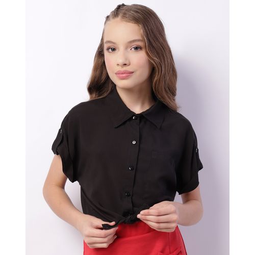 Camisa Juvenil Viscose Bolso Manga Curta Preta
