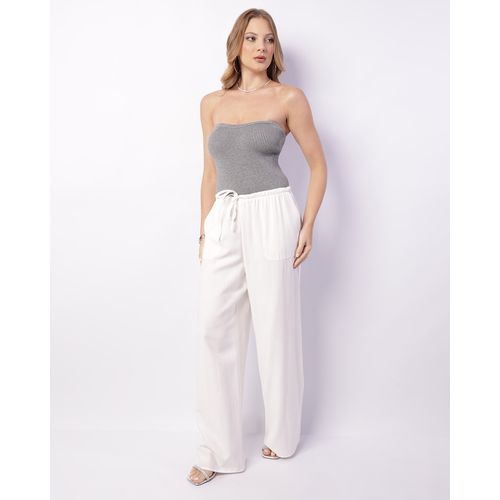 Calça Feminina Pantalona Viscose Bolsos Off White