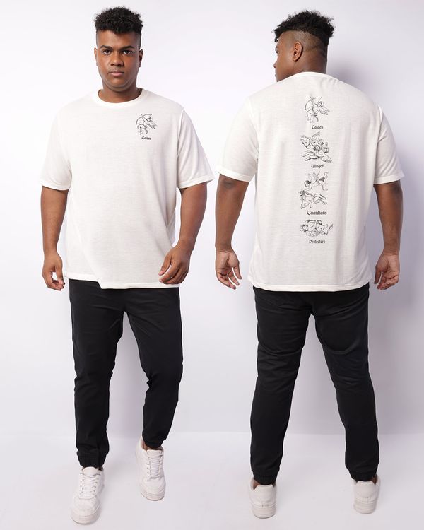 Camiseta Plus Size Masculina Estampa Anjos Manga Curta Off White G1