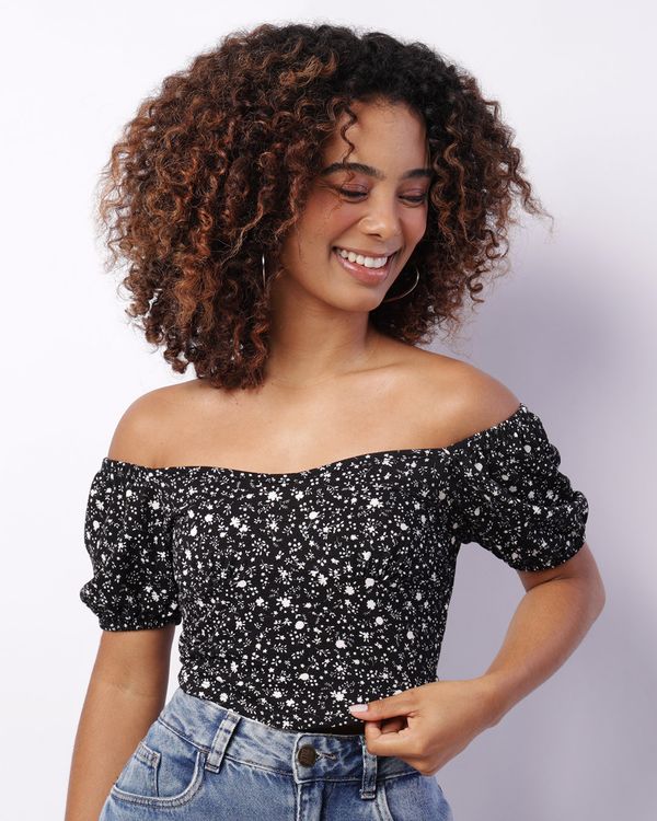 Blusa Feminina Cropped Ciganinha Estampada Preta G