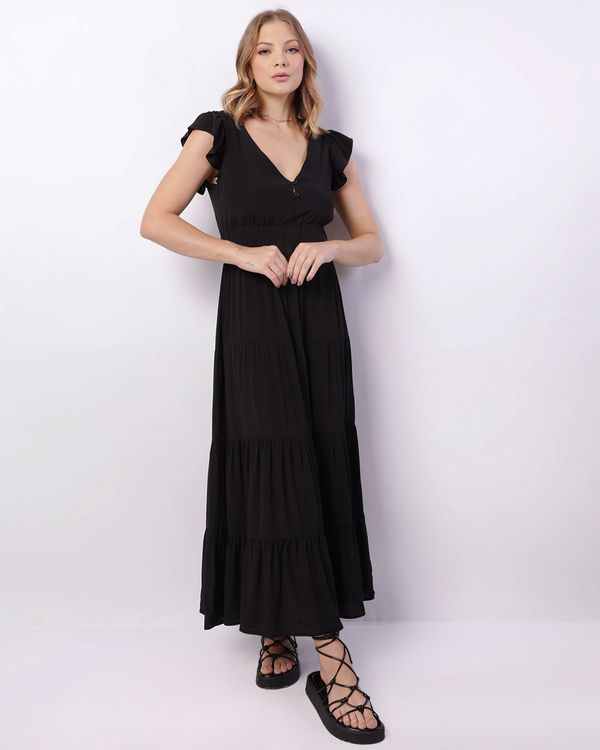 Vestido Feminino Longo Viscose Manga Babado Com Botões Preto GG