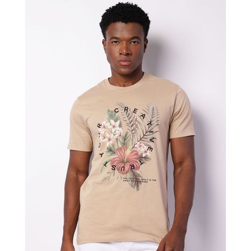 Camiseta Masculina Manga Curta Estampa Floral Bege