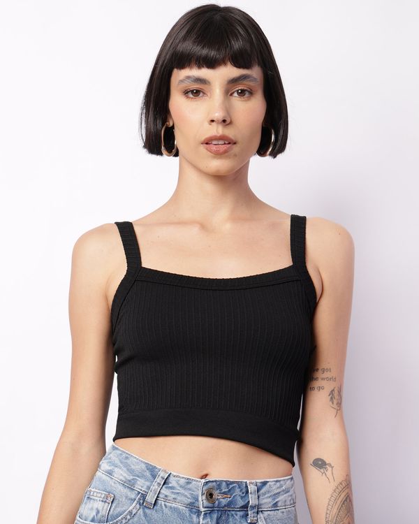 Regata Feminina Cropped Canelada Sem Costura Preta P