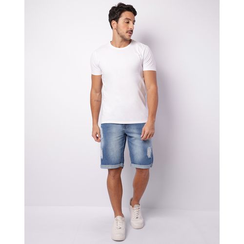 Bermuda Jeans Masculina Reta Destroyed Barra Dobrável Azul