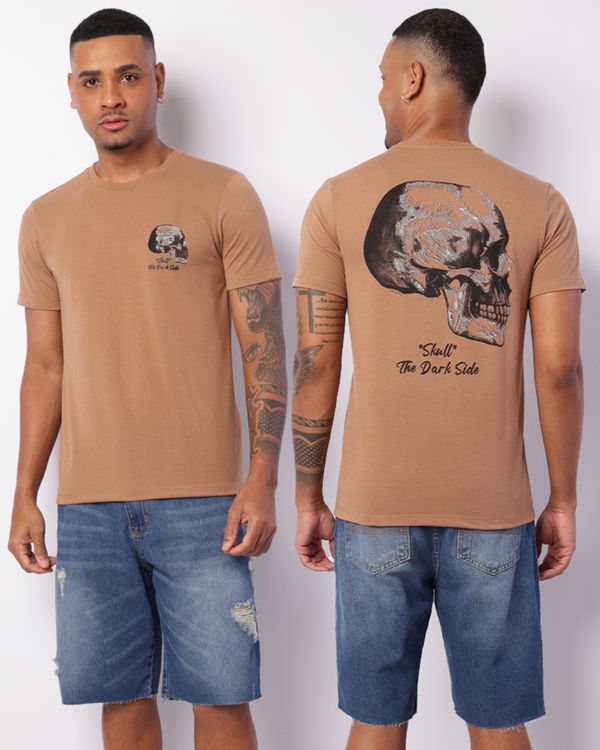 Camiseta Masculina Manga Curta Estampa Crânio Marrom GG