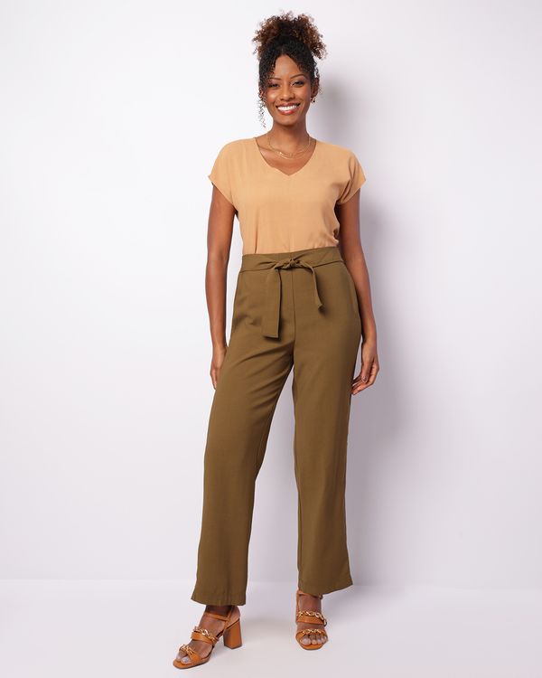 Calça Feminina Reta Berry & Co. Viscose Amarração Verde G