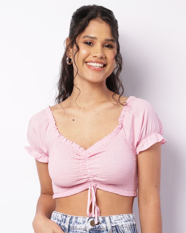 Blusa Feminina Cropped Berry & Co. Manga Curta Colissê Rosa G
