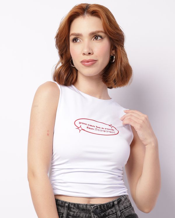 Regata Feminina Cropped Franzido Lateral Estampa Branca GG