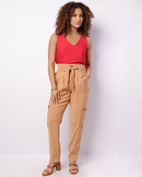 Calça Feminina Berry & Co. Reta Bolso Cargo Viscose Bege GG