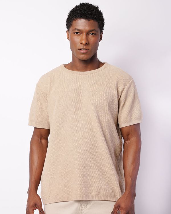 Camiseta Masculina Tricô Manga Curta Bege GG
