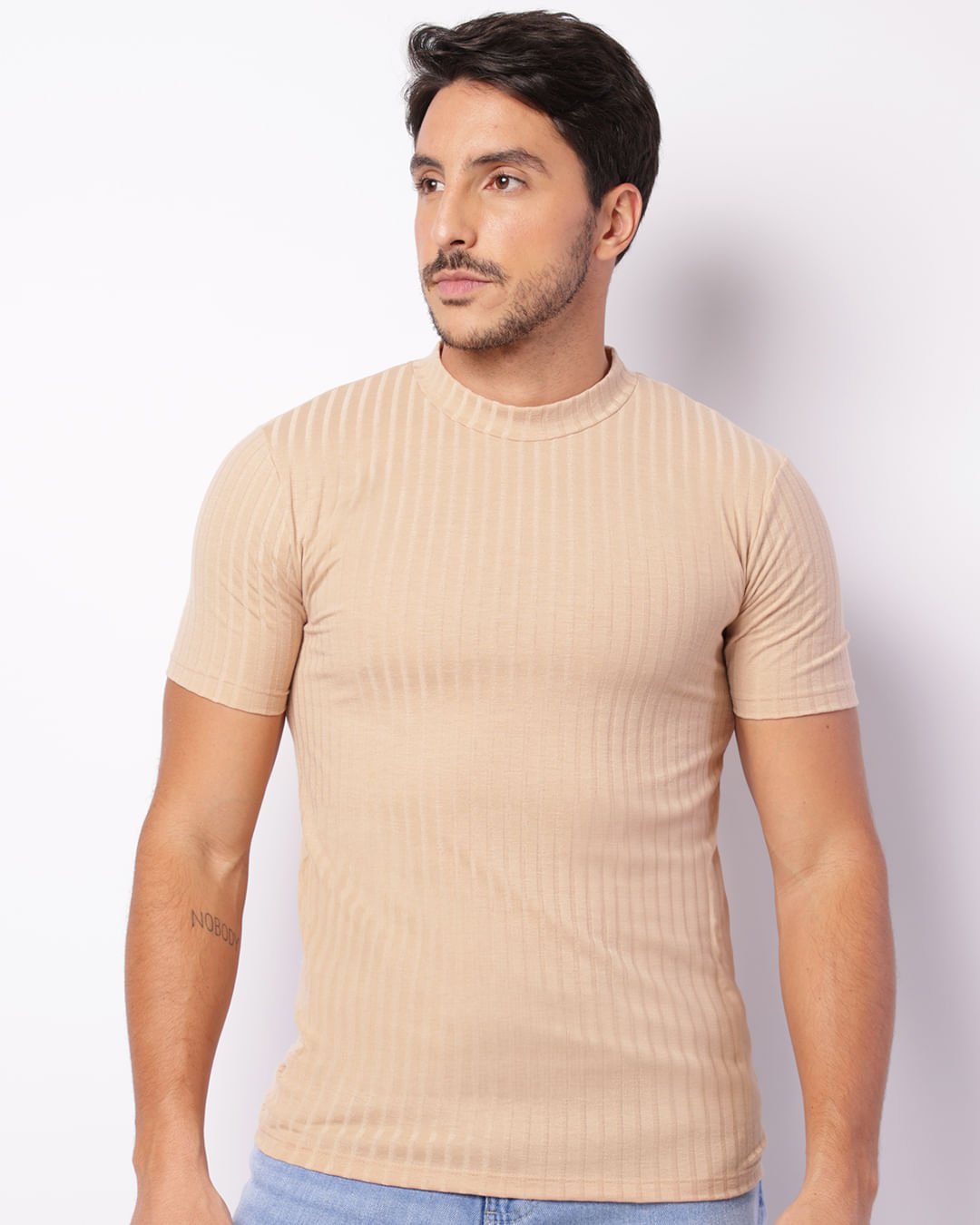 Camiseta Masculina Slim Texturizada Manga Curta Bege