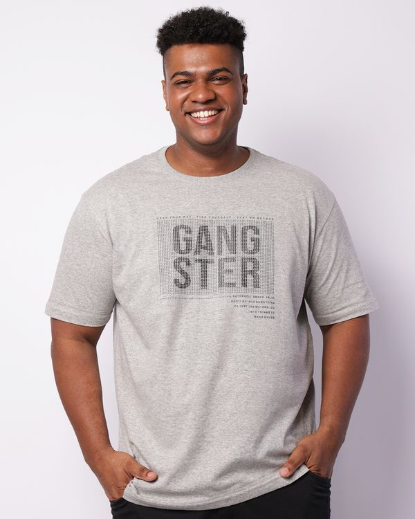 Camiseta Plus Size Masculina Gangster Manga Curta Mesclada Cinza G2