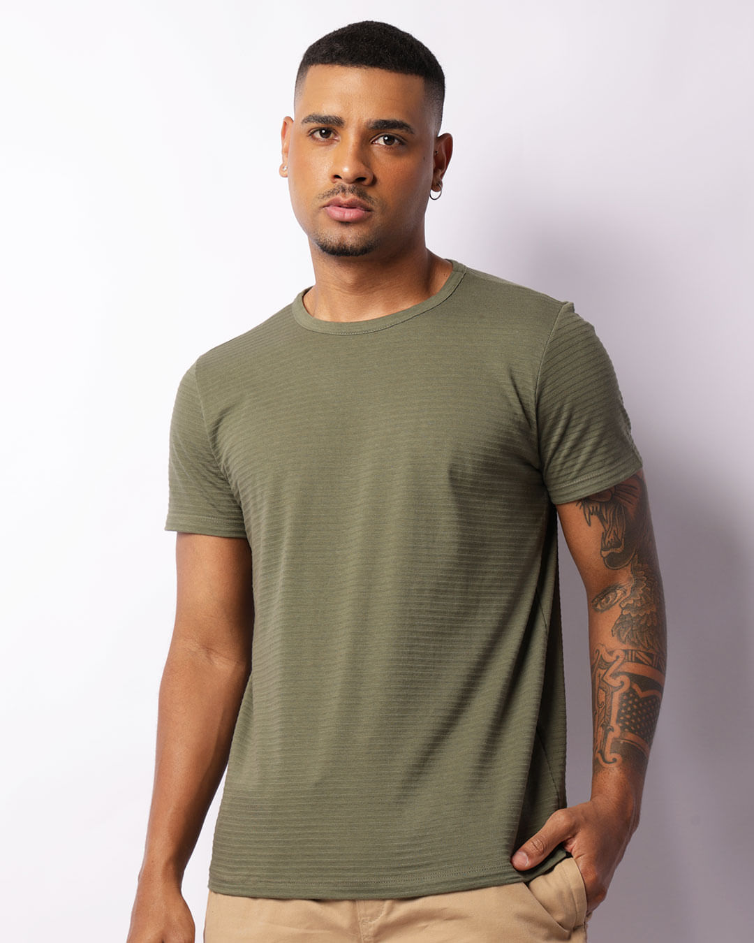 Camiseta Masculina Básica Manga Curta Canelada Verde