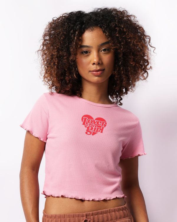 Blusa Feminina Canelada Estampa Coração Manga Curta Babado Rosa P
