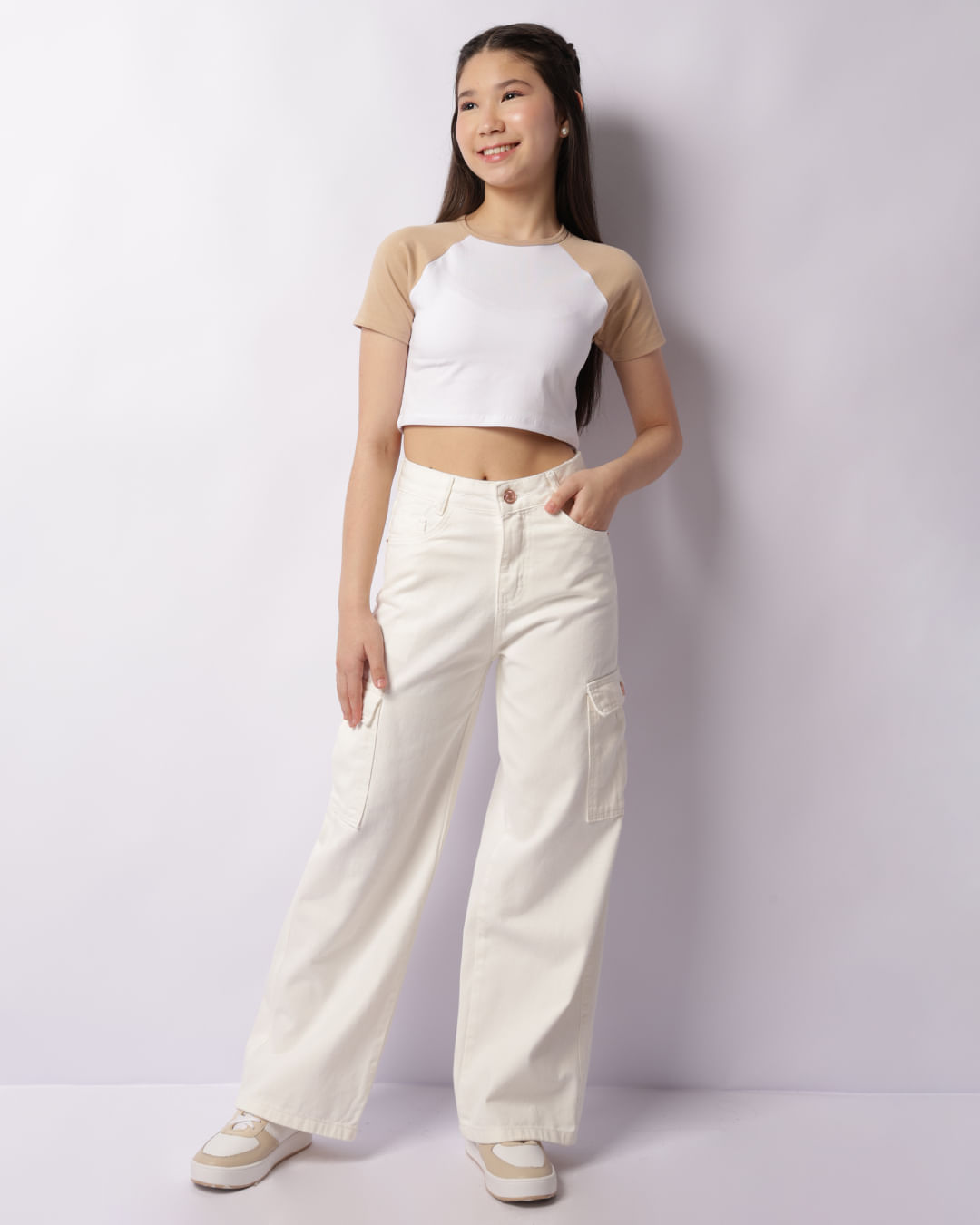 Calça Sarja Juvenil Wide Leg Cargo Off White