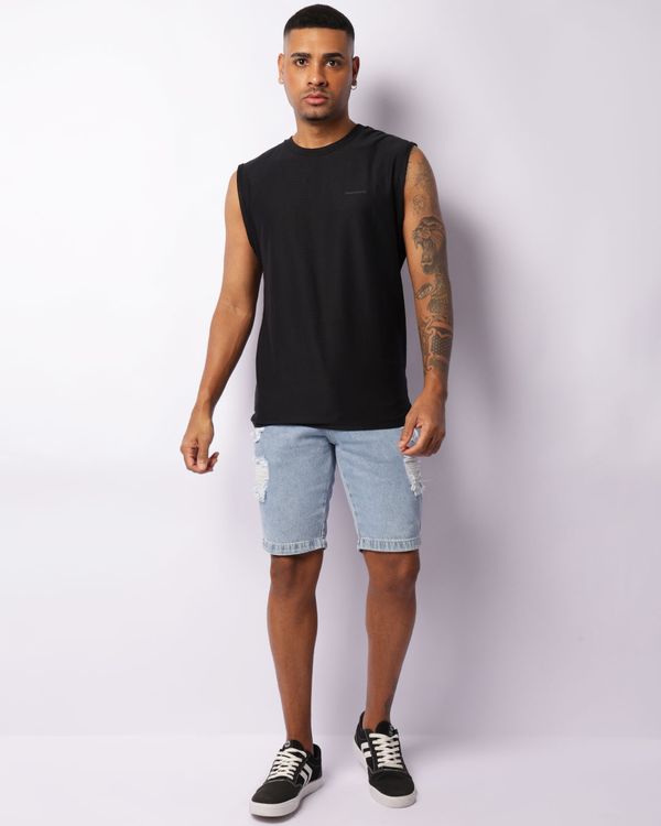 ​Bermuda Jeans Masculina Reta Com Puídos Azul 46