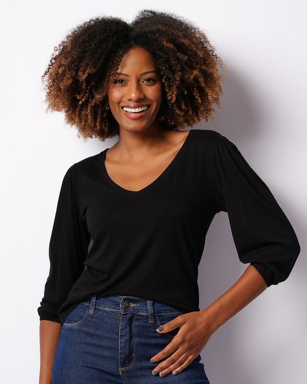 Blusa Feminina Viscose Canelada Manga 3/4 Decote V Preta G
