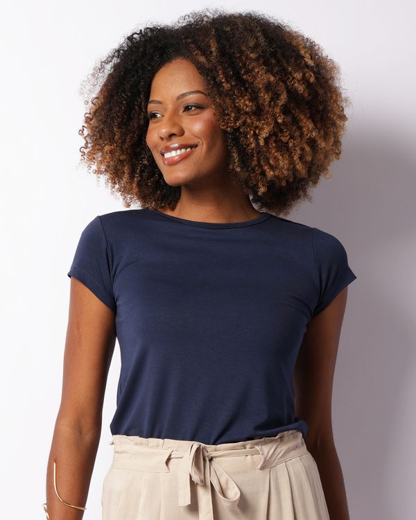 Blusa Feminina Manga Curta Com Aplicação Marinho P