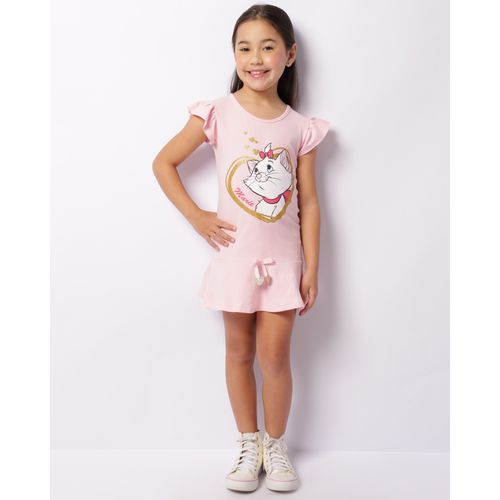 Vestido Infantil Disney Gata Marie com Glitter Manga Curta Rosa