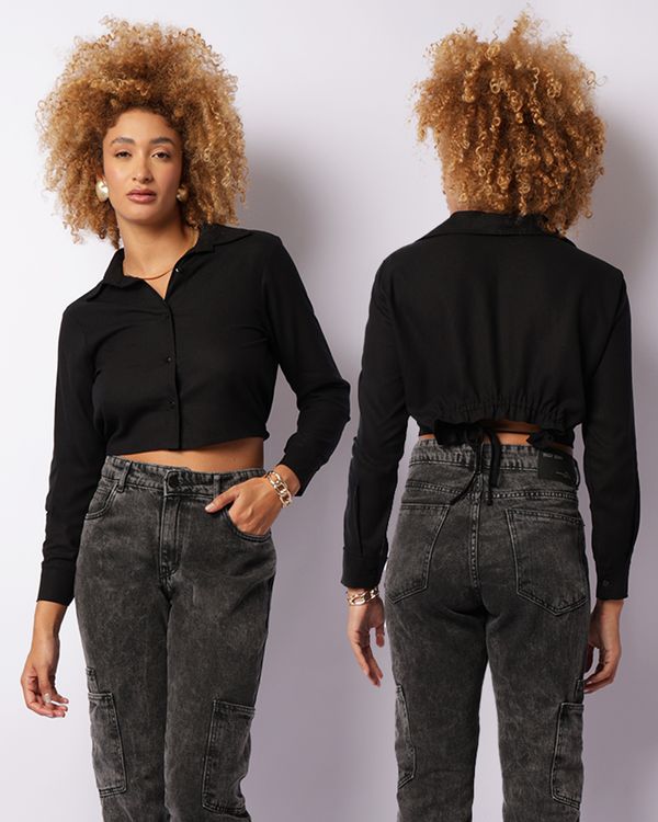 Camisa Feminina Cropped Viscolinho Cordão De Ajuste Preta GG