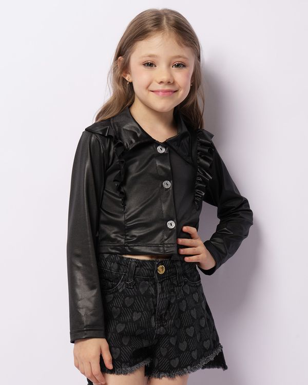 Blusa Infantil Cropped Cirrê Manga Longa Com Babado Preta 6