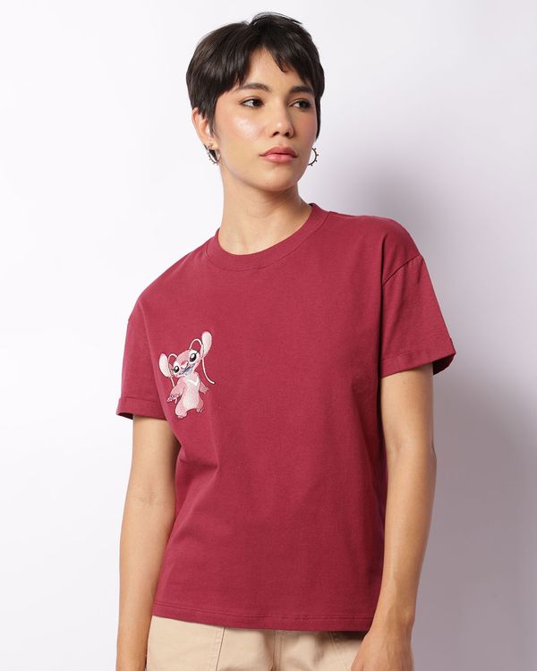 Camiseta Feminina Disney Bordado Stitch Manga Curta Vinho P