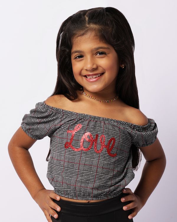 Blusa Infantil Cropped Estampa Xadrez Aplicação Com Glitter Preta 6