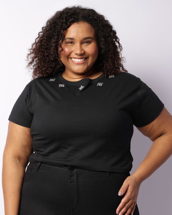 Blusa Plus Size Feminina Cropped Decote Com Strass Preta G1