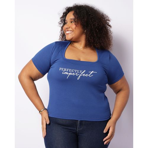 Blusa Plus Size Feminina Manga Curta Estampa Frontal Azul