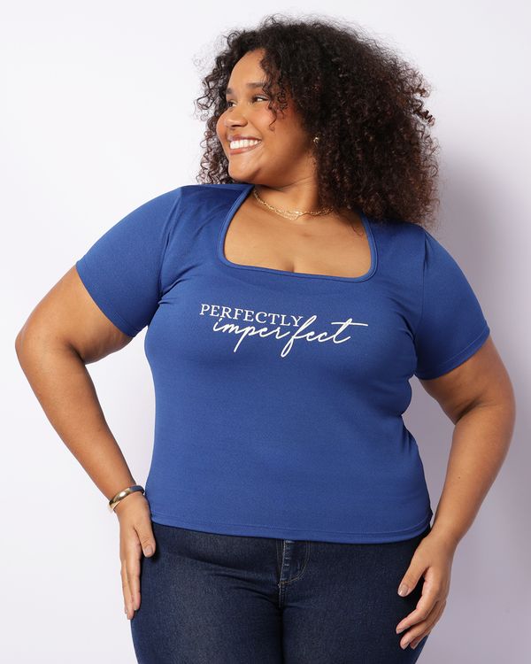 Blusa Plus Size Feminina Manga Curta Estampa Frontal Azul G3
