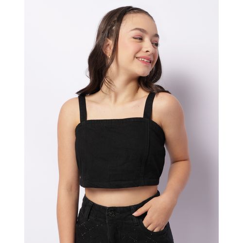 Regata Jeans Juvenil Cropped com Recorte e Lastex Preta