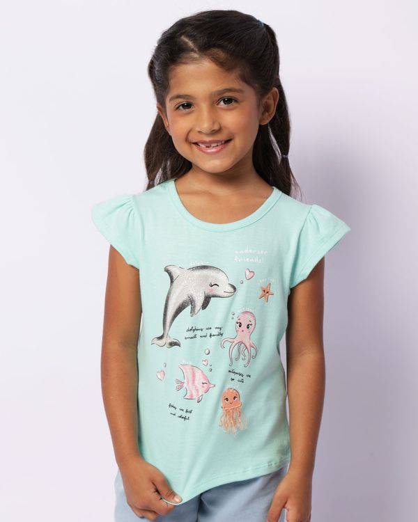 Blusa Infantil Estampa Fundo do Mar Com Bordado Manga Curta Verde 8
