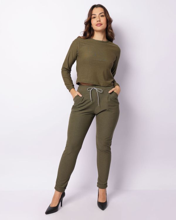 Calça Feminina Cigarrete Texturizada Cordão Com Bolsos Verde M