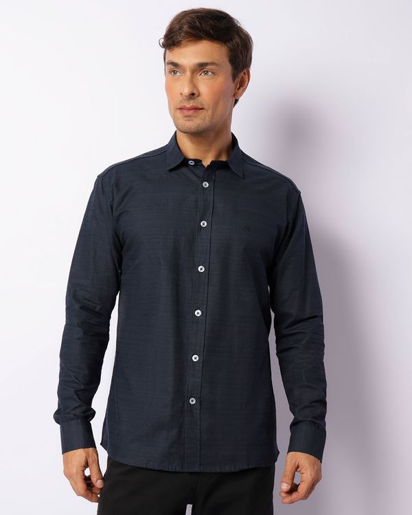 Camisa Masculina Texturizada Com Bordado Manga Longa Marinho GG