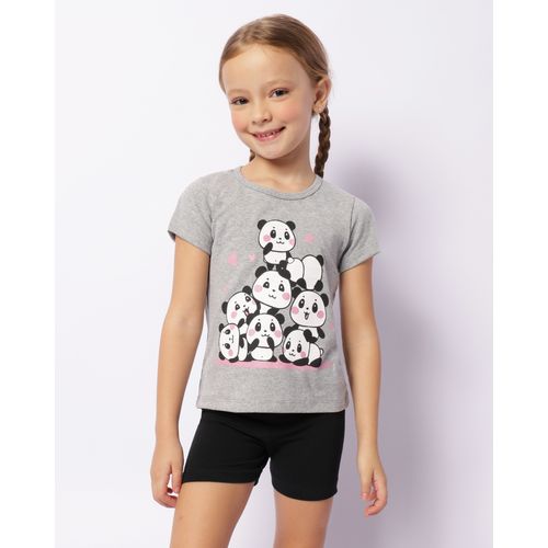 Conjunto Infantil Curto Estampa Frontal Panda Cinza