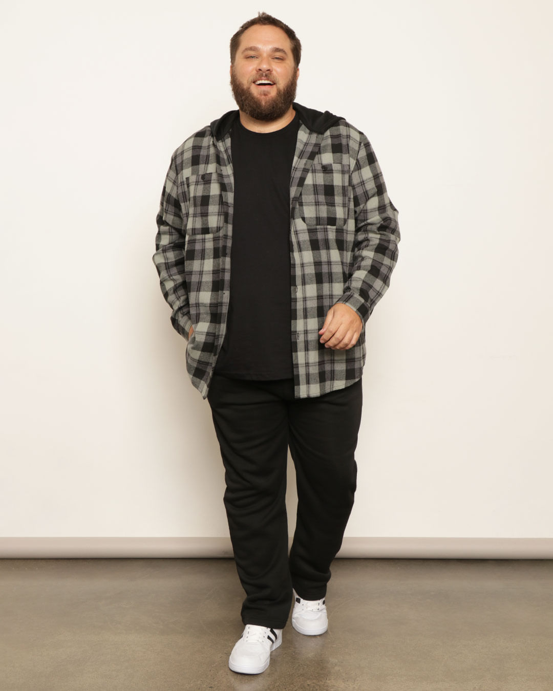 Camisa Plus Size Masculina Flanelada Xadrez Com Capuz Verde