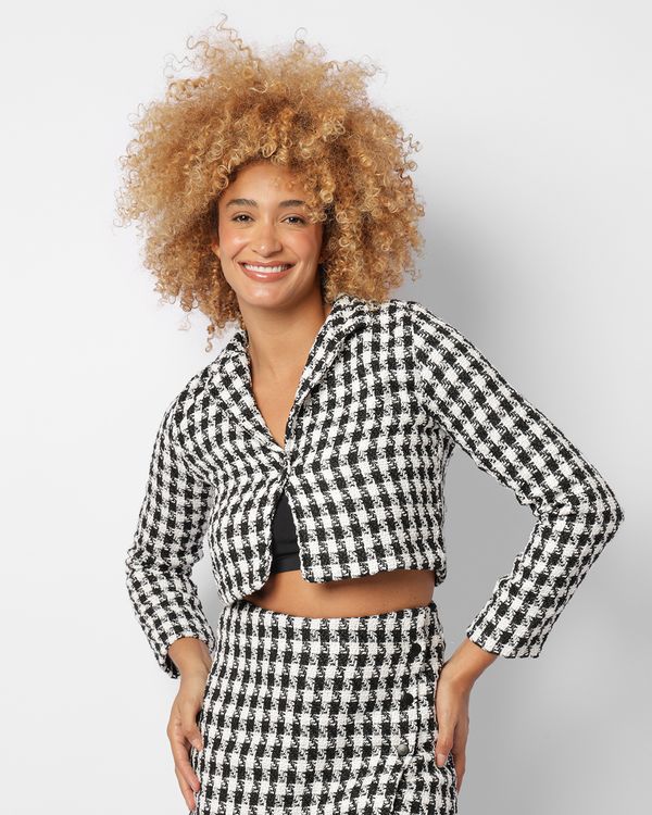 Casaco Feminino Cropped Tweed Xadrez Preto P