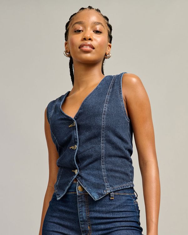 Colete Jeans Feminino Com Botões Azul M